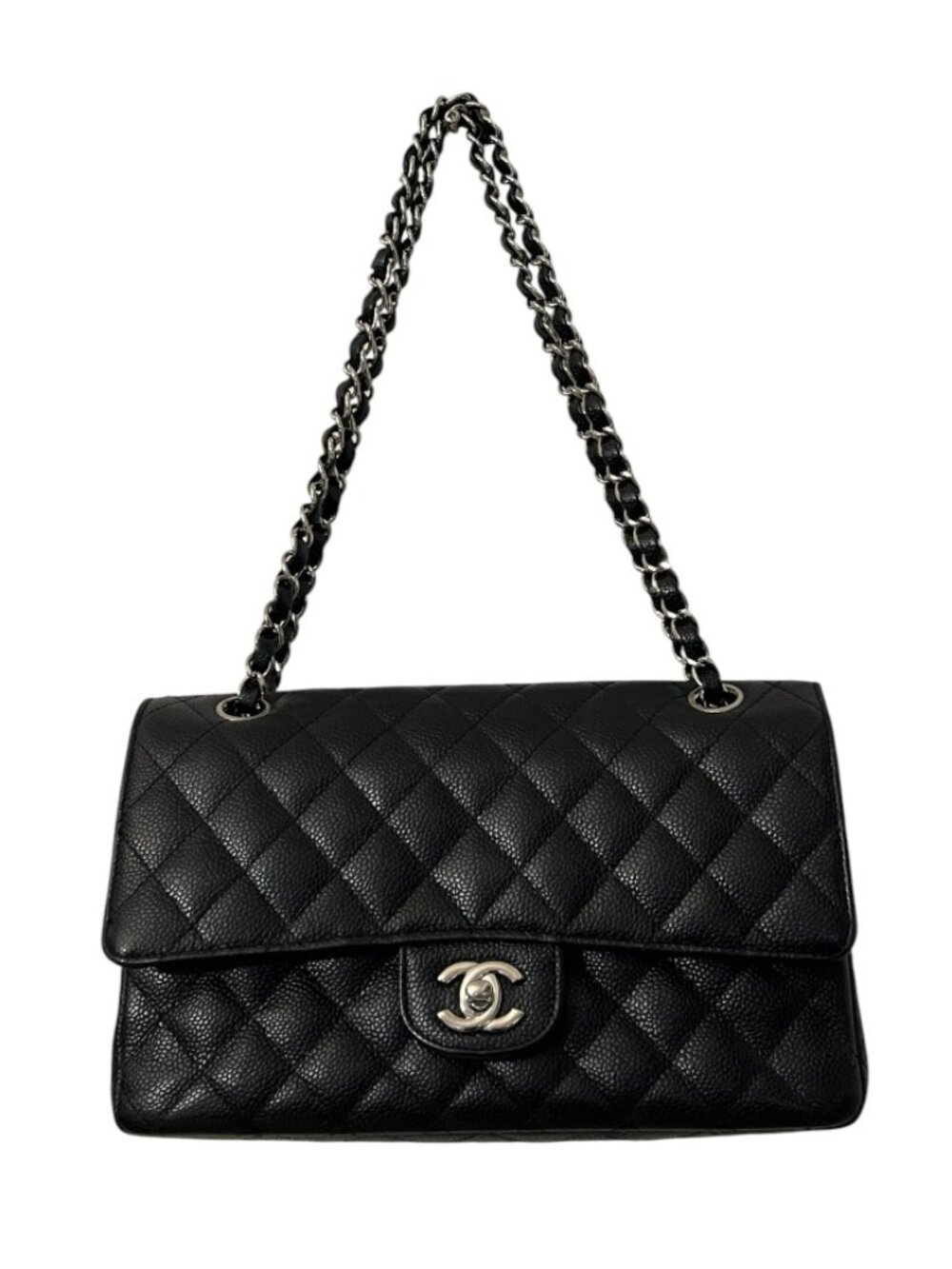 Authentic CHANEL Medium Classic Double Flap Bag Black Caviar Silver Hardware